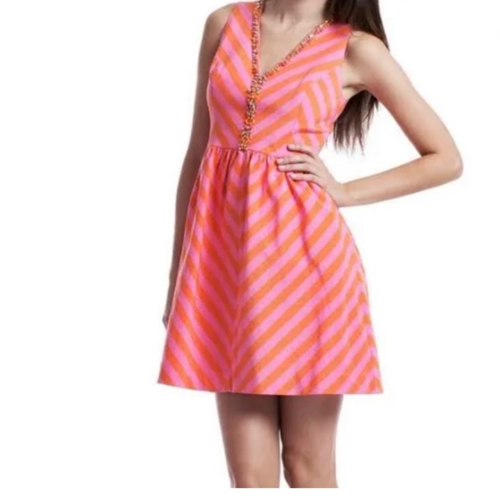 Lilly Pulitzer • Nadia Orange Pink Chevron Striped Beaded Fit Flare Dress